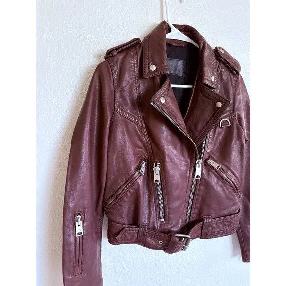 ALLSAINTS Women’s Burgandy Lined Leather Jacket Gidley Biker Moto US Size 2 WARM - Picture 7 of 8